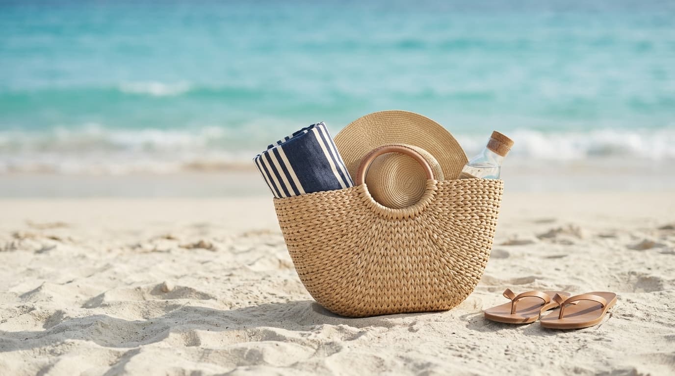 Місткий плетений кошик із рушником, капелюхом, пляшкою води та шльопанцями на піску